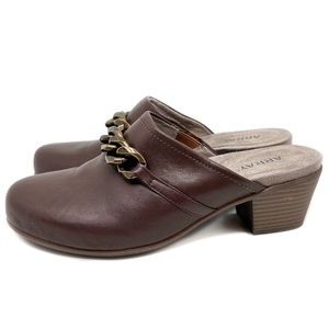 Array Laurel Leather Mule Brown Slip-on Block Heel With Chain Accent Size 8